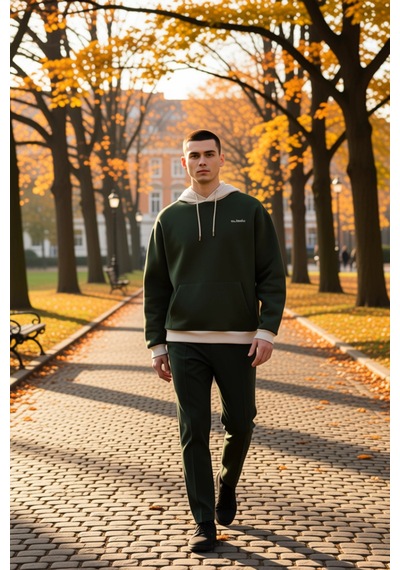 Benerly Erkek Kapüşonlu Düşük Kol Uzun Kol Nakışlı Sweatshirt Fonksiyonel Haki