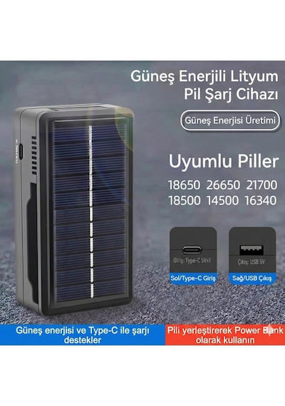 Güneş Enerjili Çoklu Pil Şarj Cihazı Ve Powerbank - 18650/26650 Uyumlu