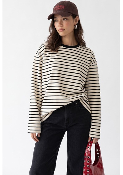 Mixray 2236 Çizgili Bisiklet Yaka Uzun Kol Oversize Sweatshirt Siyah