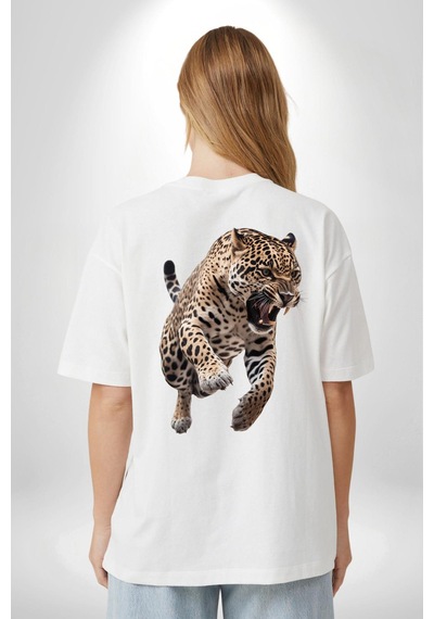 Jaguar Sırtından Çıkan Beyaz Oversize Unisex Ön Ve Sırt Baskılı Tişört Beyaz