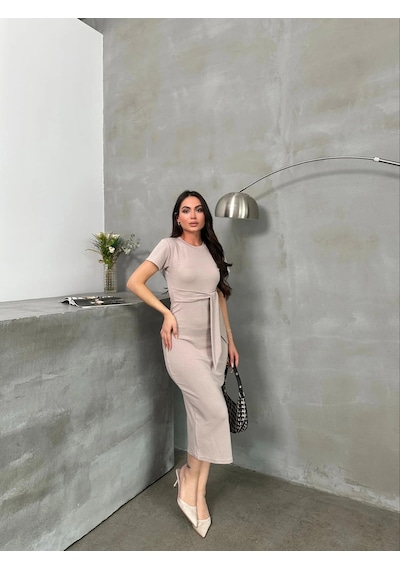 Kuşaklı Mdl Esnek Kumaşlı Elbise Bej Pt Bej