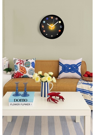 Güneş Ve Gezegenler Modern Tasarım Duvar Saati - 30cm - Önü Camlı Siyah Kasa - Sessiz Mekanizma-jh0733 Siyah