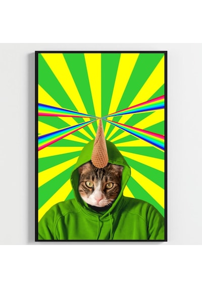 Besay Kozmik Kediler Renkli Ev Duvar Dekorasyonu Gökkuşağı Lazerli Ve Dondurmalı Komik Kedi Posteri 3'lü Set A4 Çerçevesi