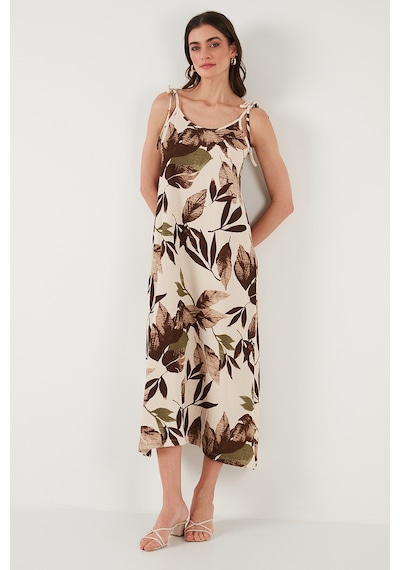 Lela Desenli Oversize Fit Bağlamalı Ip Askılı Yuvarlak Yaka Midi Boy Bayan Elbise 5869022 Camel