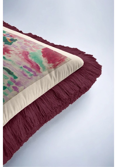 Soyut Sanatsal Dekoratif Figürlü Saçaklı Yastık Kılıfı - Ressamsı Krem Bordo Püsküllü Kırlent Kılıfı Gümüş