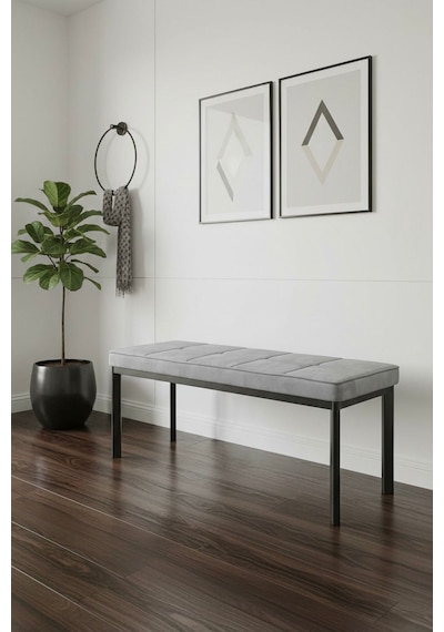 Vena 105x40 Bench - Babyface Kumaş Çımalı Döşeme Puf Bench Siyah Ayaklı Gri