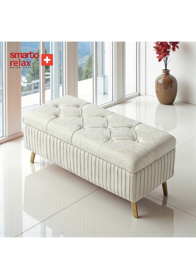 Smarto Relax Swiss Style Puf , Appenzell Kapitonesandıklı Puf, Babyface Kaplama, 110x40x45 Cm, Ahşap Ayaklı ,sandıklı Dekoratif Puf Bej Ekru