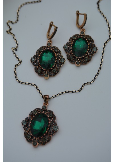 Stoneage Zümrüt ve Zirkon Taşlı Kolye ve Küpe Set Takım  Yeşil