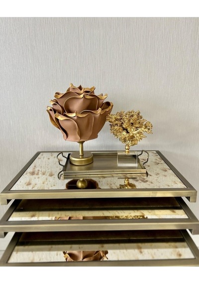 Dekor Yapay Eva Çiçeği Kablosuz Masa Lambası Üst Gold Kahve-alt Eskitme Gold 9v Pil 75-90 Saat