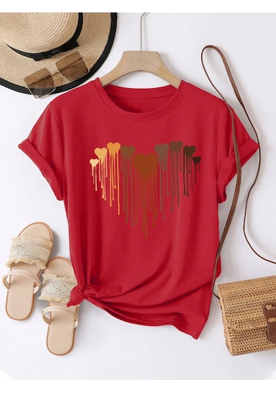 Unisex Eriyen Kalpler Ön Baskılı Tasarım Tshirt Kırmızı