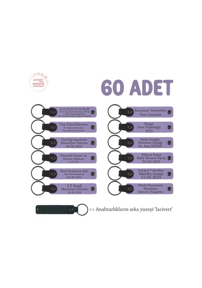 Reklam Ajanslarına Özel Çalışma, 60'lı Set, Kişisel Yazılı Deri Anahtarlık, Mor Menekşe & Lacivert