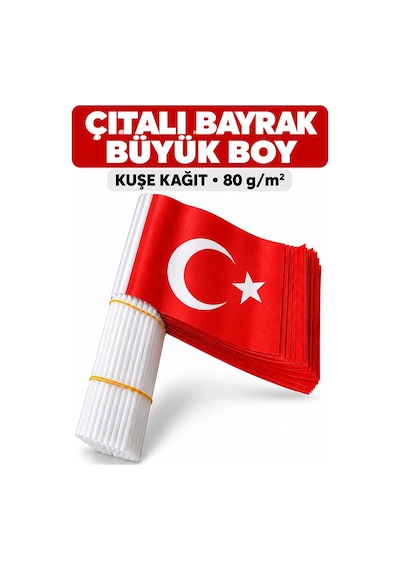 Çıtalı Bayrak Kağıt Büyük 29x21 Cm 40 Adet Ay Yıldızlı Türk Bayrağı Çıtalı Sopalı Bayrak Plastik Çubuklu Bayrak Bayram 21 x 29 CM