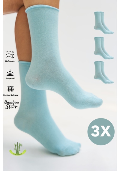 Bamboo Star Bambu Kadın Lastiksiz Buz Mavisi Soket Dikişsiz Premium Çorap 3'lü Paket Sıkmayan Çorap/ İz Bırakmaz Mavi