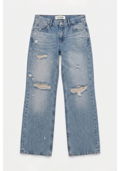 it's basic Kadın Kot Rengi 12s6-32 Bootcut Fit Yırtık Detaylı Denim Jean Mavi