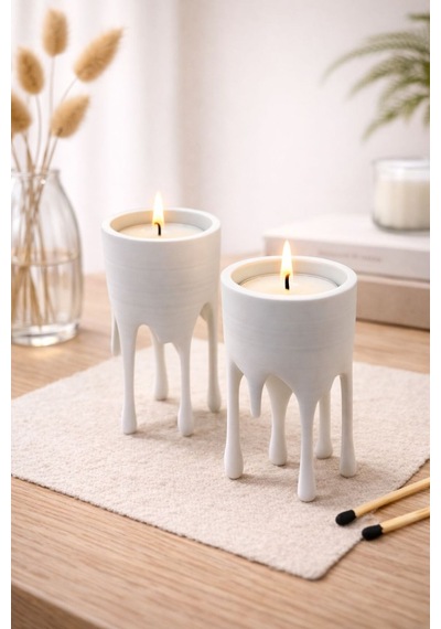 Exepazar Eriyen Form Tasarımlı Modern Dekoratif Tealight Mumluk Seti 2 Adet Mumluk Ve 2 Adet Tealight Beyaz