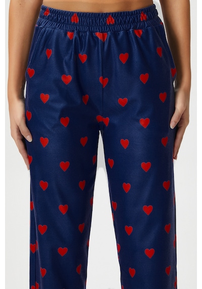 Ritnice Kadın Teddi Ultra Yumuşak Cepli Lacivert Kalp Desen Yılbaşı Pijama Altı Lacivert