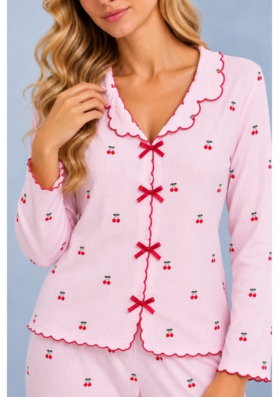 Pijamask Kadın Desenli Fiyonk Detaylı Düğmeli Uzun Kollu Müslin Pijama Takımı Pembe