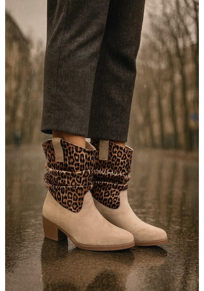Kalın Topuklu Cilt/süet Kadın Bot & Bootie Leopar