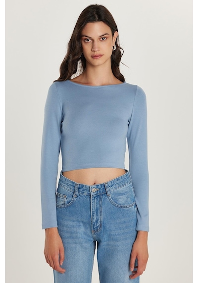Tudors Kadın Slim Fit Dar Kesim Modal Kumaş Uzun Kollu Bisiklet Yaka Açık Mavi Bluz-34625 Açık Mavi