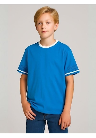 Çocuk Yaka Nervürlü Pamuklu Oversize Kalıp T-shirt-16023 Mavi
