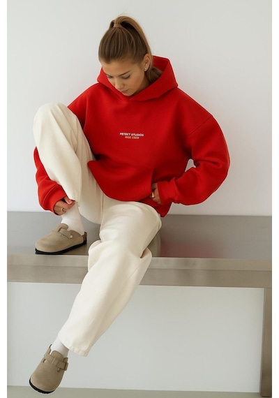 Benroma 3 İplik Penye Peteet Studıos Baskılı Unisex Kapüşonlu Sweat Kırmızı