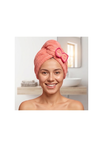 Prenses Peluş Mikrofiber Saç Kurulama Havlusu Çizgi Fiyonklu, Pratik Saç Bonesi - Duş, Makyaj Ve Bakım Saç Wrap Pembe