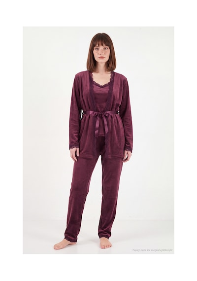 Lela Regular Fit Dantelli Yumuşak Dokulu Sabahlıklı Kadife Pijama Takımı Kadın Pijama Takımı 6095545 Mürdüm MÜRDÜM