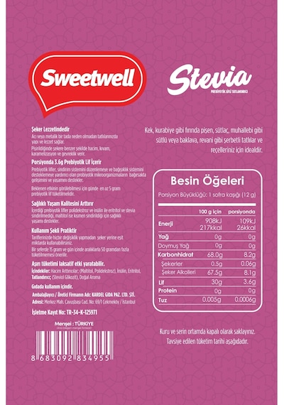 Sweetwell Stevia Prebiyotik Lifli Toz Sofralık Tatlandırıcı 500 G