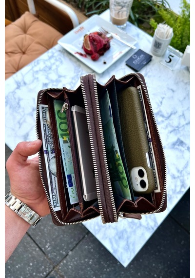Tigan Unisex Antik Kahve Çift Fermuarlı Hakiki Deri Telefon Cüzdanı El Çantası Kahverengi