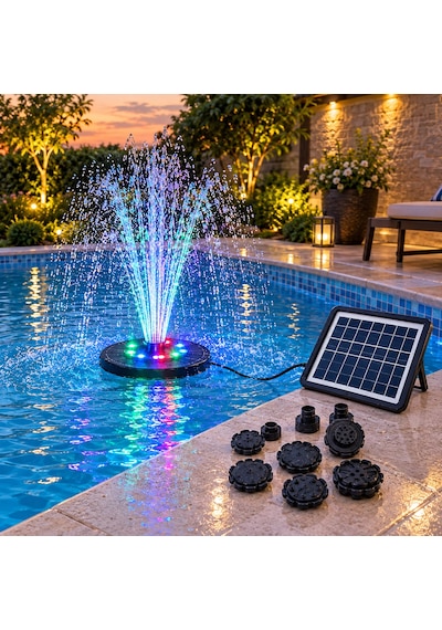 Güneş Enerjili Rgb Led Işıklı Havuz Fıskiyesi - Solar Panelli Yüzer Fıskiye Çoklu Püskürtme Başlıklı Gölet Süs Fıskiyesi & Kuş Banyosu