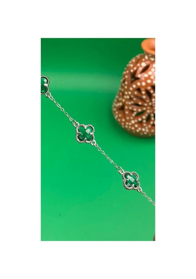 Gümüş Renk Zirkon Taşlı Yonca Model Çelik Bileklik Yeşil