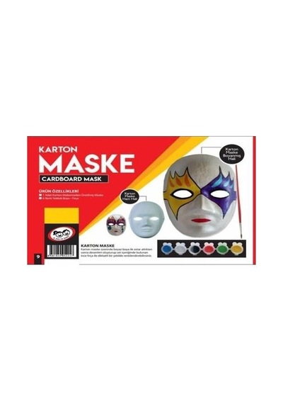 Karton Maske Boyama Seti - 6 Renk Boya + Fırça + Maske -Kumtoys