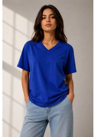 Modi Green New V Yaka Basic Tişört Kısa Kol Yazlık Regular Fit T-shirt - Saks Ma Saks Mavisi