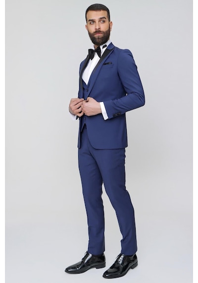 Efor Black 034 Slim Fit Yelekli Çıkarılabilir Saten Yaka Parlement Damatlık Smokin Takım Parlement