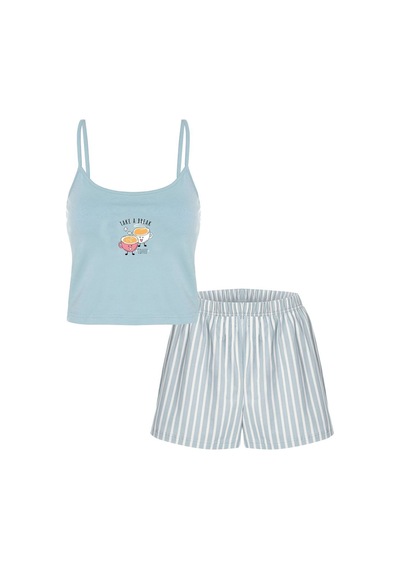 Kadın Pamuklu Çizgili Desenli İp Askılı Şortlu Pijama Takımı Ko7203ş-1 mavi