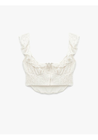 Koton Koton X Sibil Çetinkaya - Fırfır Detaylı Kolsuz Dantel Crop Korse Büstiyer Ekru 6sak10099uk