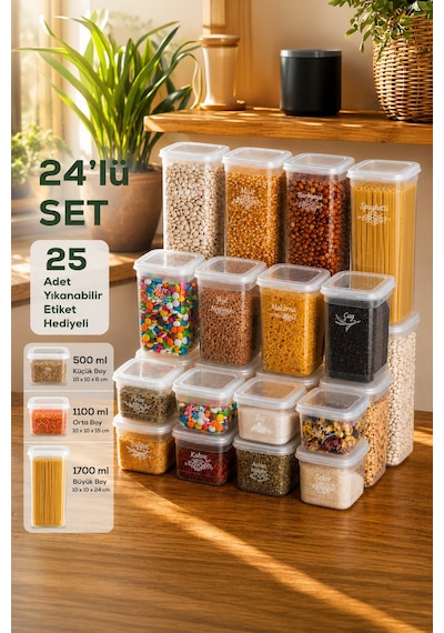 Porsima 433-4 Kare Etiketli Gıda Erzak Baharat Saklama Kabı 24 Lü