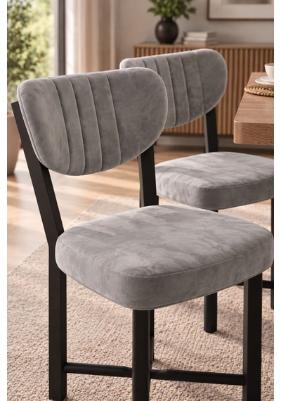 Sulorahome 2 Adet Gri Kumaş Döşemeli Metal Ayaklı Modern Sandalye Seti