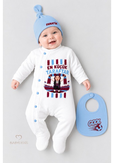 Babyden's 3'lü Bebek Tulum Seti Bordo Mavi En Küçük Taraftar Futbol Temalı Şapkalı Önlüklü Yenidoğan Bebek Tulum Seti Bordo - Mavi