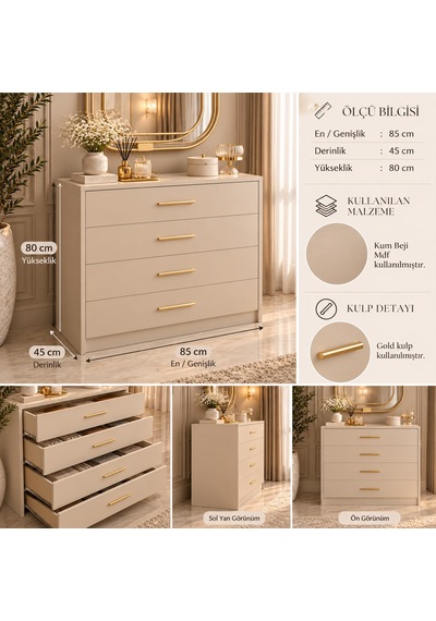 4 Çekmeceli Şifonyer Gold Kulplu - Bej Mdf 4 Çekmeceli Şifonyer Gold Kulplu - Bej Mdf