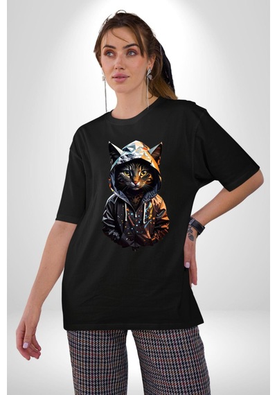 Hip Hop Gençlik Kedi Çeket Pamuklu Bisiklet Yaka Unisex Oversize Boyfriend Dijital Baskılı Siyah T-shirt Siyah