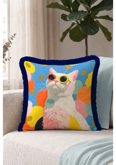 Renkli Kedi Figürlü Pop Art Saçaklı Yastık Kılıfı - Eğlenceli Pembe Lacivert Püsküllü Kırlent Kılıfı Serin Lagün Lime
