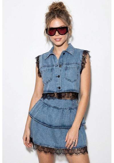 Shade Kadın Dantel Detaylı Crop Denim Yelek Katlı Mini Denim Etek Alt-üst Takım 8218 60286244 - Mavi Shade Kadın Dantel Detaylı Crop Denim Yelek Katlı Mini Denim Etek Alt-üst Takım 8218 60286244 - Mavi