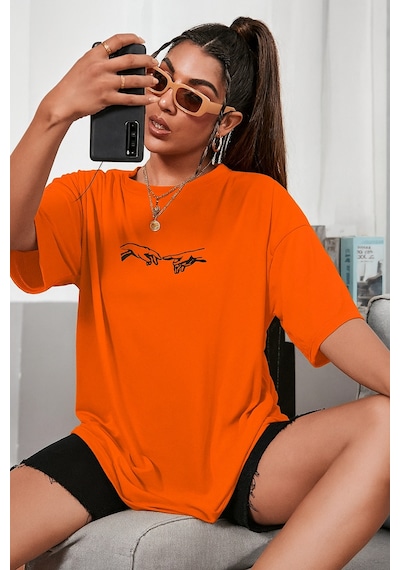 El Baskılı Oversize Beyaz T-shirt Turuncu