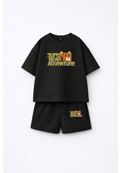 Fasardi Super Bear Adventure Süper Ayı Baskılı Oversize %100 Pamuk Tişört Şort 2li Çocuk Takım Siyah