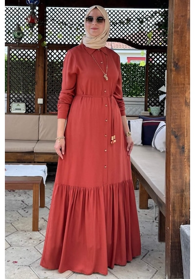 Rabia Şamlı Süreyya Gömlek Elbise Kiremit Normal