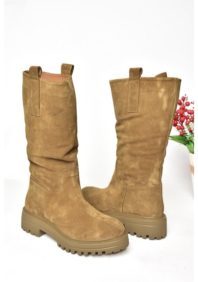 Fox Shoes R555267002 Taba Hakiki Deri Süet Kadın Çizme Taba