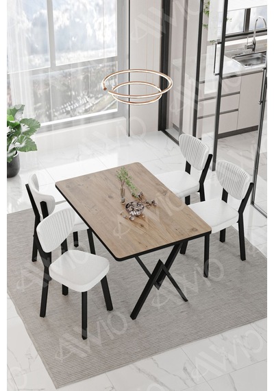 Avvio Carla Elma Sandalye 80x120 Yemek Masası Mutfak Masası 4 Kişilik Masa Sandalye Takım Akça