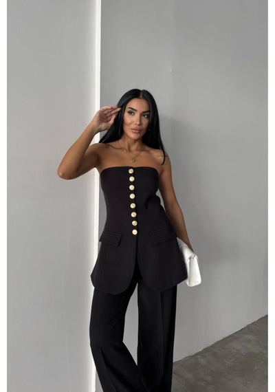 Defymoda Tasarım Gold Düğmeli Strablezyelek - Siyah Siyah