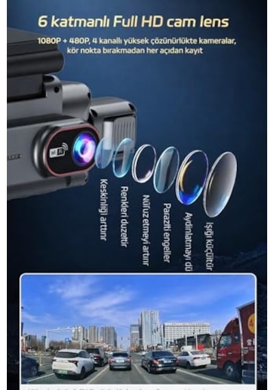 4 Kameralı 360 Derece Araç Kamerası, Full Hd 1080p, Wifi Destekli, Gece Görüşlü, G-sensör, Döngüsel Kayıt, Mobil İzleme